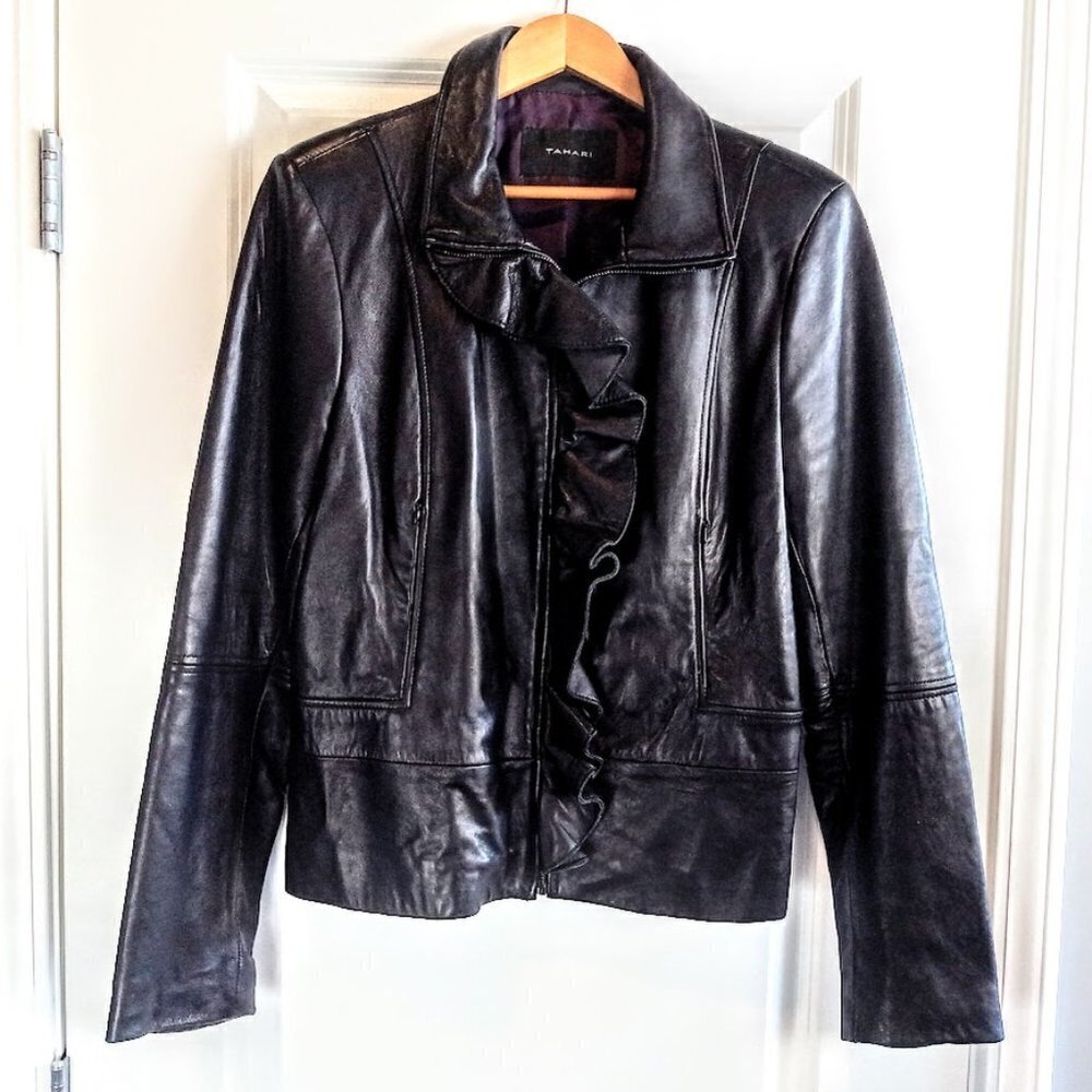 Tahari Black Lamb Leather Ruffled Full Zip Jacket